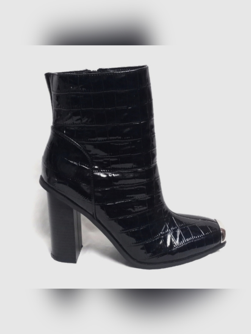 PUBLIC DESIRE Black Croc Embossed Mid-Calf Boot w/Silver Toe Caps